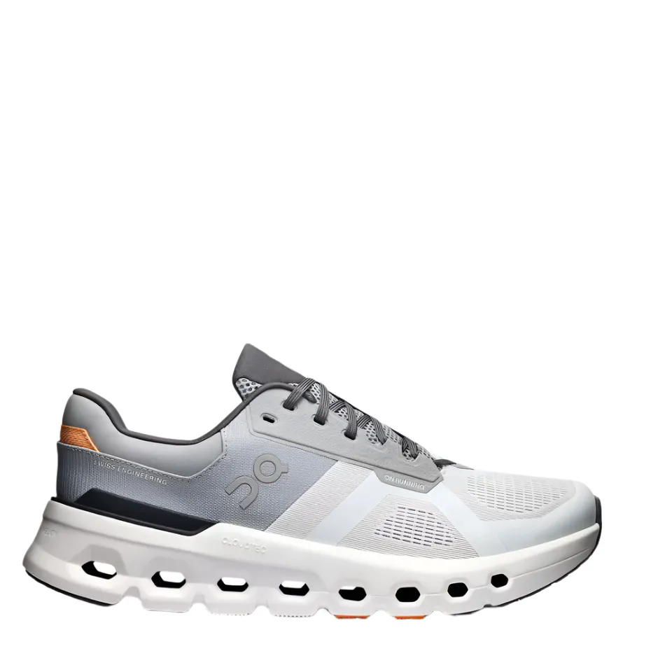On Men's Cloudrunner 2 Running Shoes in Wolf/Ivory SS25 running in a suspension bridge area shoes