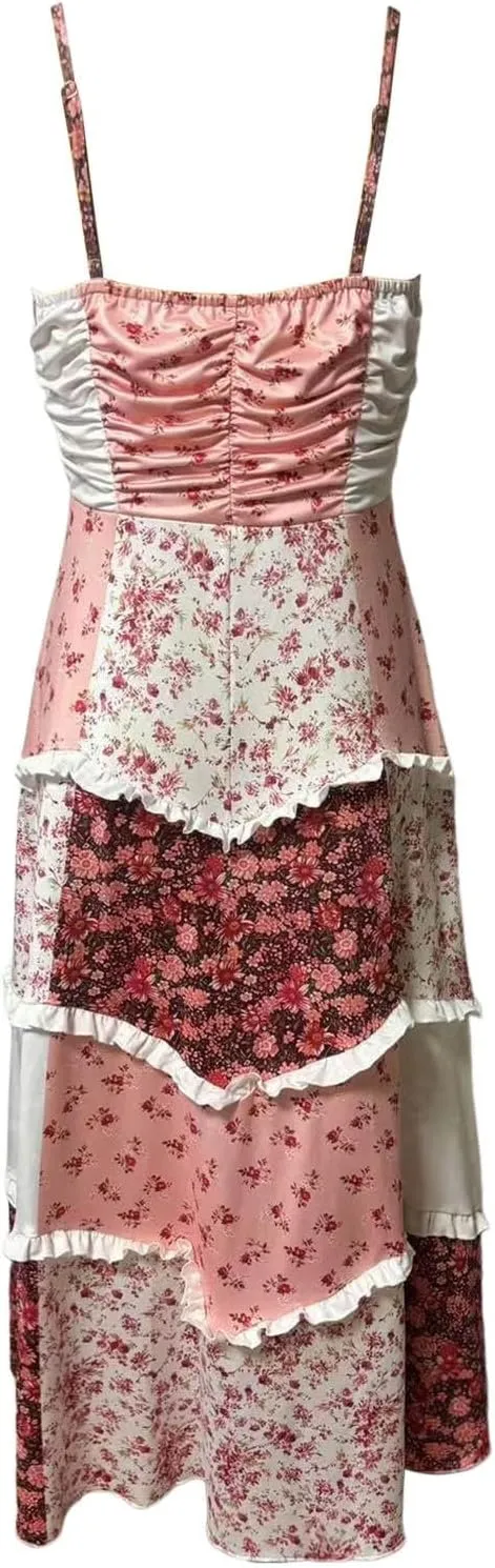 Adernlia Floral Maxi Dress, Women Tie Shoulder Boho Floral Maxi Dress, Boho Floral Patchwork Dresses
