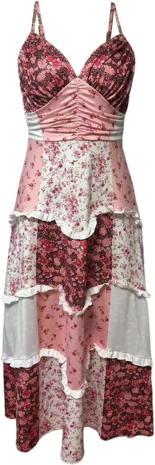 Adernlia Floral Maxi Dress, Women Tie Shoulder Boho Floral Maxi Dress, Boho Floral Patchwork Dresses