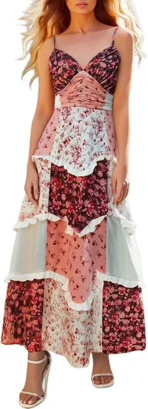 Adernlia Floral Maxi Dress, Women Tie Shoulder Boho Floral Maxi Dress, Boho Floral Patchwork Dresses