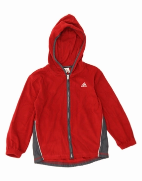 Sustain ADIDAS Boys Graphic Hooded Fleece Jacket 4-5 Years Red Colourblock