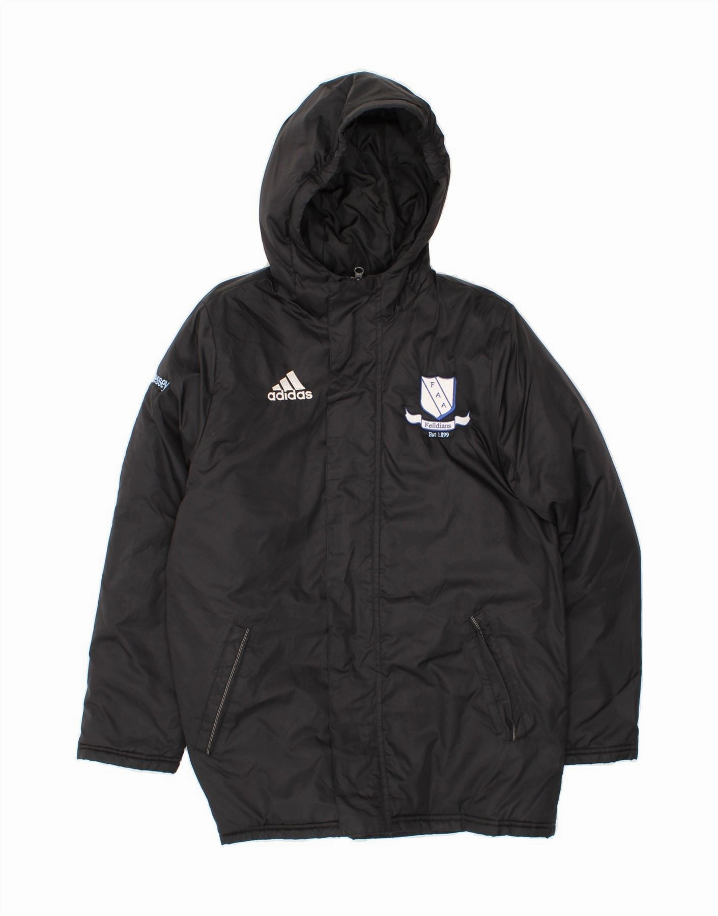 ADIDAS Boys Graphic Hooded Padded Coat 13-14 Years Black Polyester Reflective Detail Athletic Wear