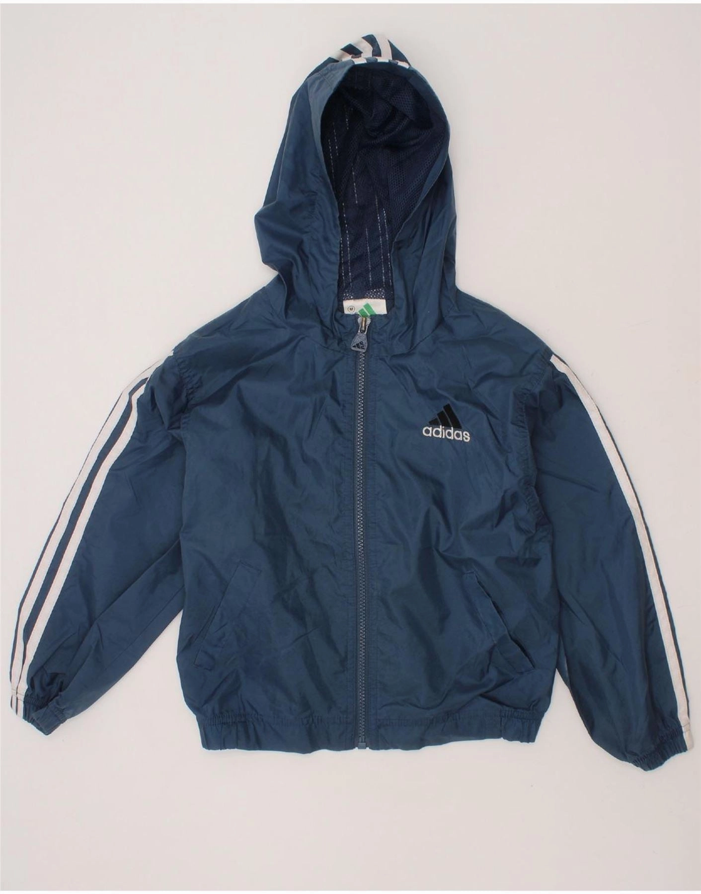ADIDAS Boys Graphic Hooded Rain Jacket 5-6 Years Medium  Navy Blue Nylon suitable for stage shows Adjustable Cuffs