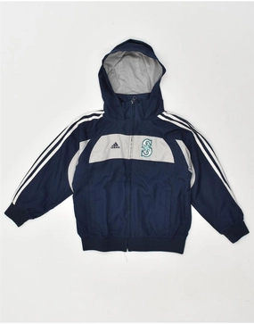 Insulated Shield ADIDAS Boys Graphic Hooded Rain Jacket 5-6 Years Navy Blue Colourblock