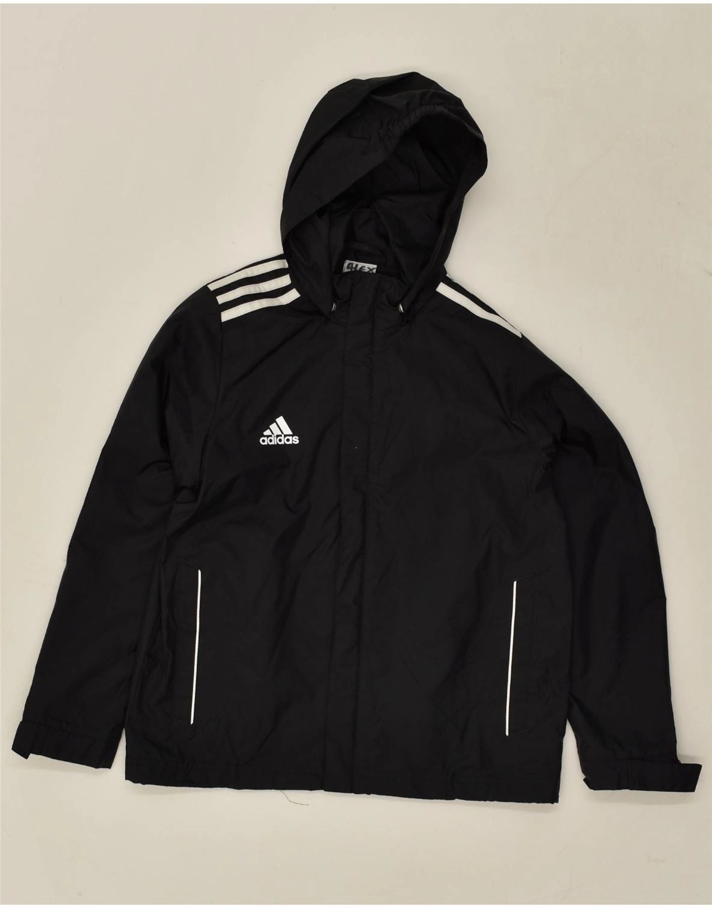 ADIDAS Boys Graphic Hooded Rain Jacket 9-10 Years Black Nylon Wind Blocking