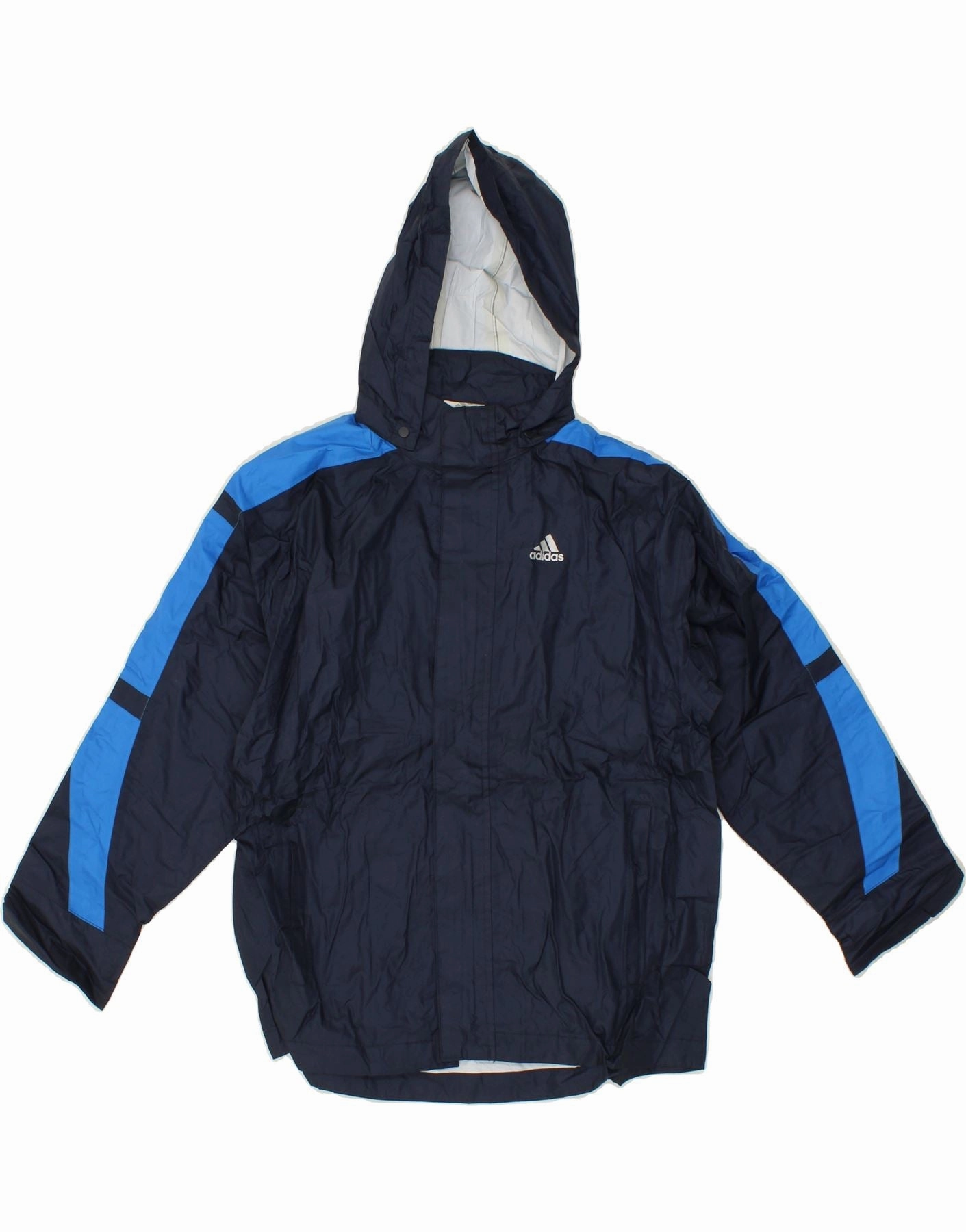 activity family trip ADIDAS Boys Graphic Hooded Rain Jacket 9-10 Years Navy Blue Colourblock