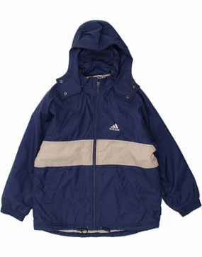 ADIDAS Boys Graphic Hooded Windbreaker Jacket 11-12 Years Large Navy Blue Broadcast