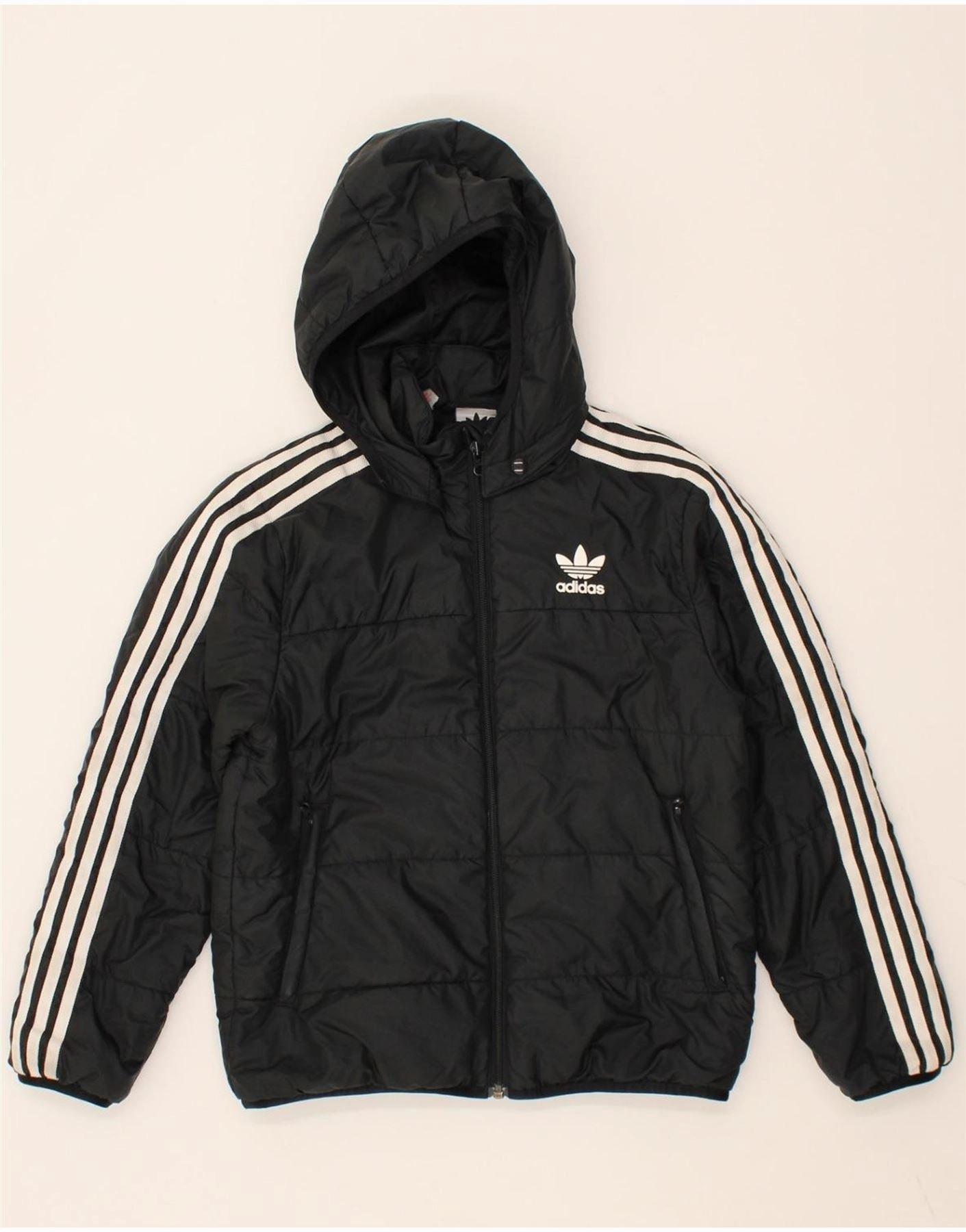 ADIDAS Boys Hooded Padded Jacket 10-11 Years Black Polyester Laser Cut Vents suitable for sunny days