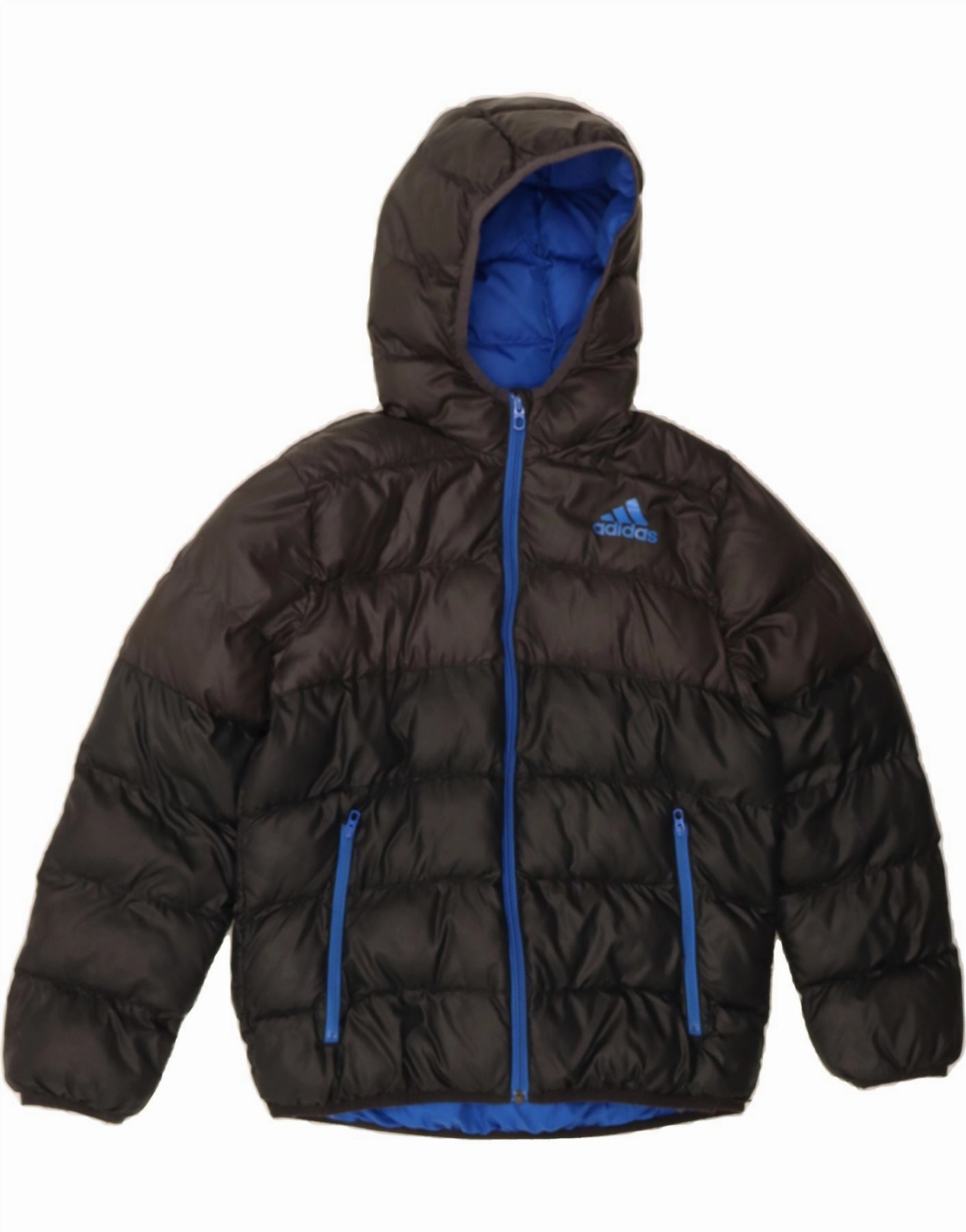 ADIDAS Boys Hooded Padded Jacket 11-12 Years Black Colourblock Polyester campfire Cold Day