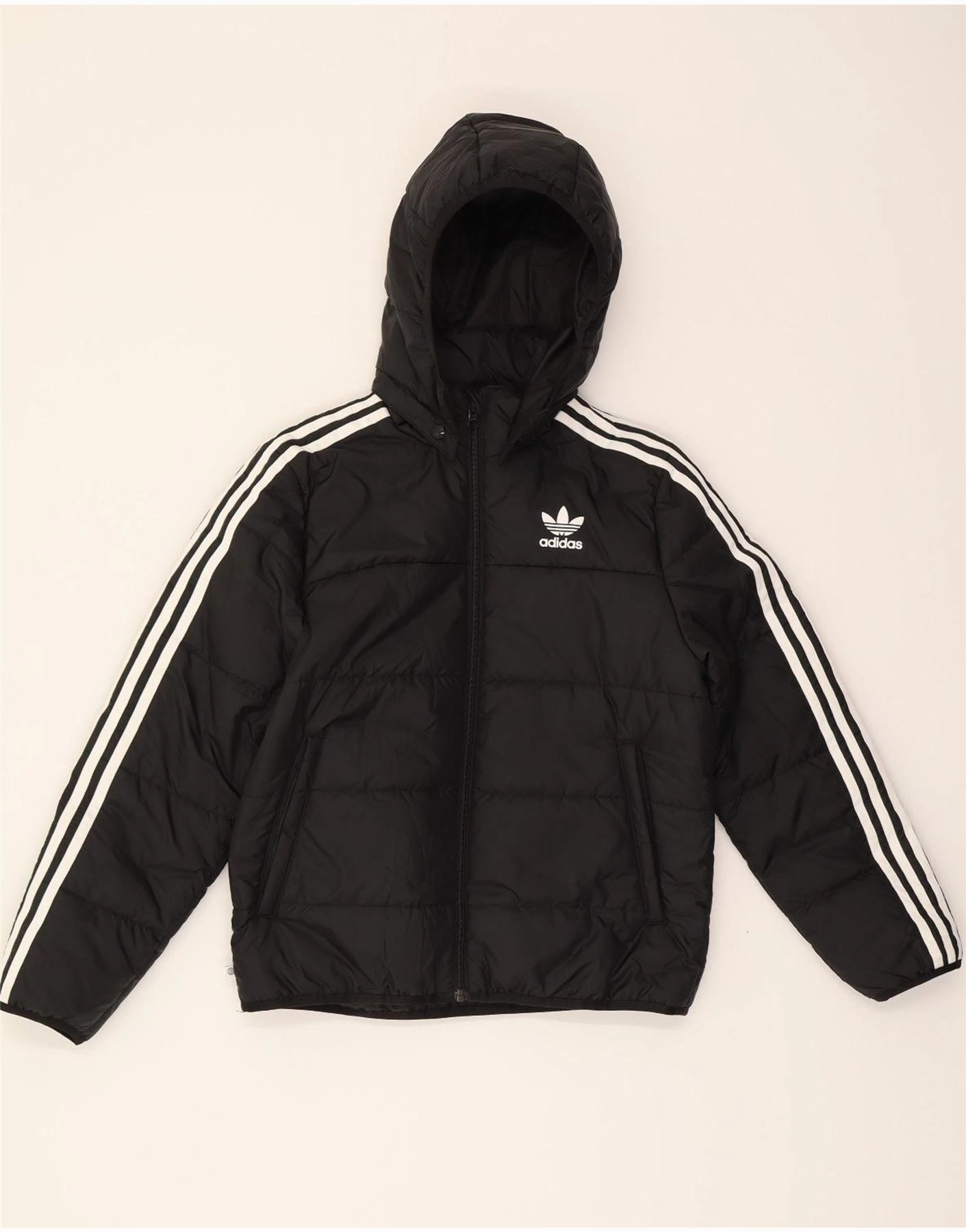 ADIDAS Boys Hooded Padded Jacket 11-12 Years Black Polyester Stylish Insulation