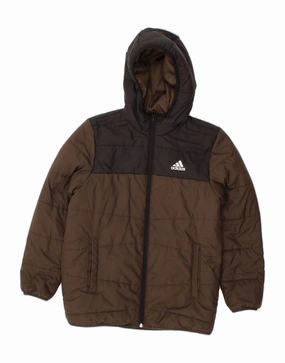 ADIDAS Boys Hooded Padded Jacket 11-12 Years Brown Colourblock Four Way Stretch Bohemian