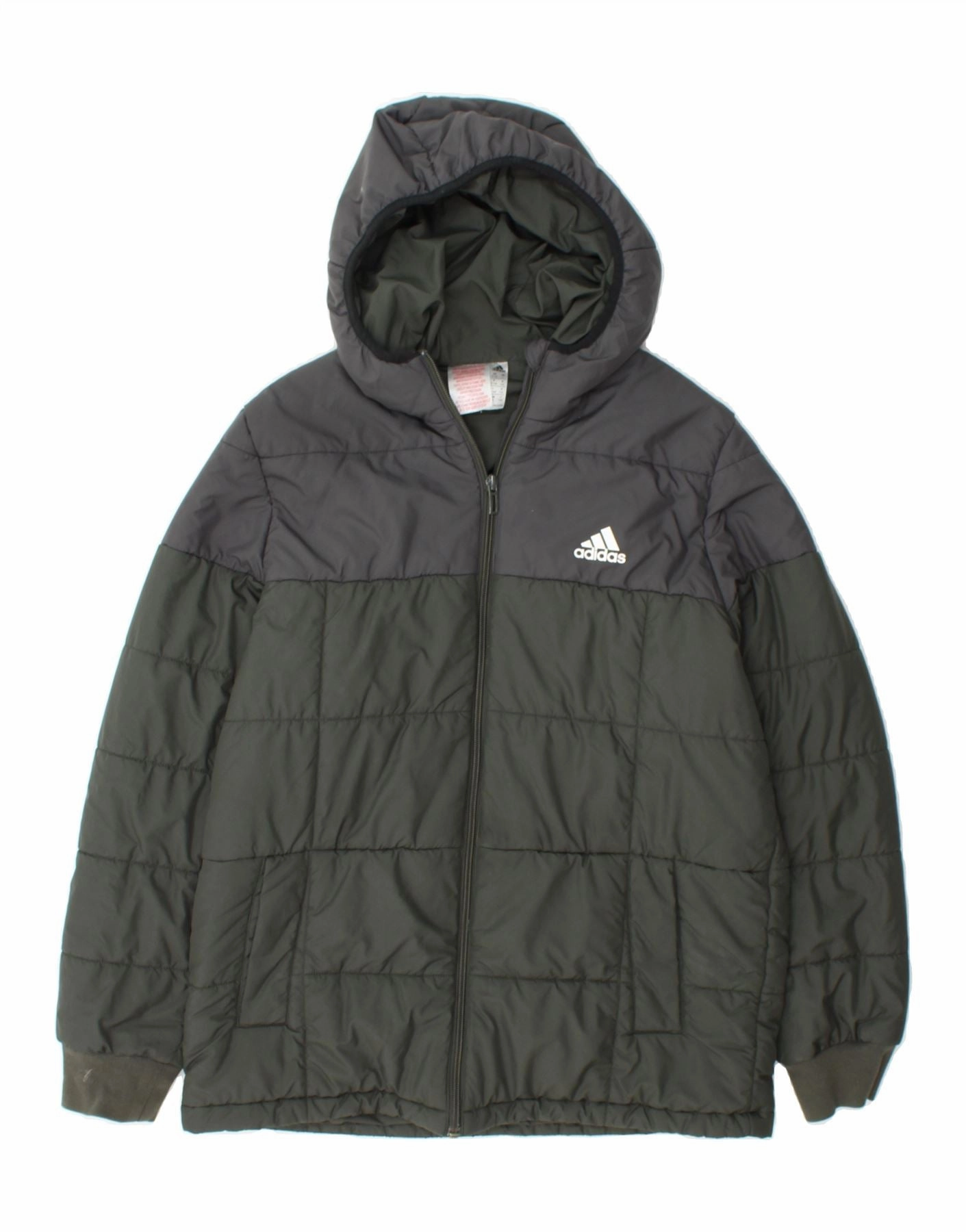 ADIDAS Boys Hooded Padded Jacket 13-14 Years Khaki Colourblock Polyester Endorse fitted fit