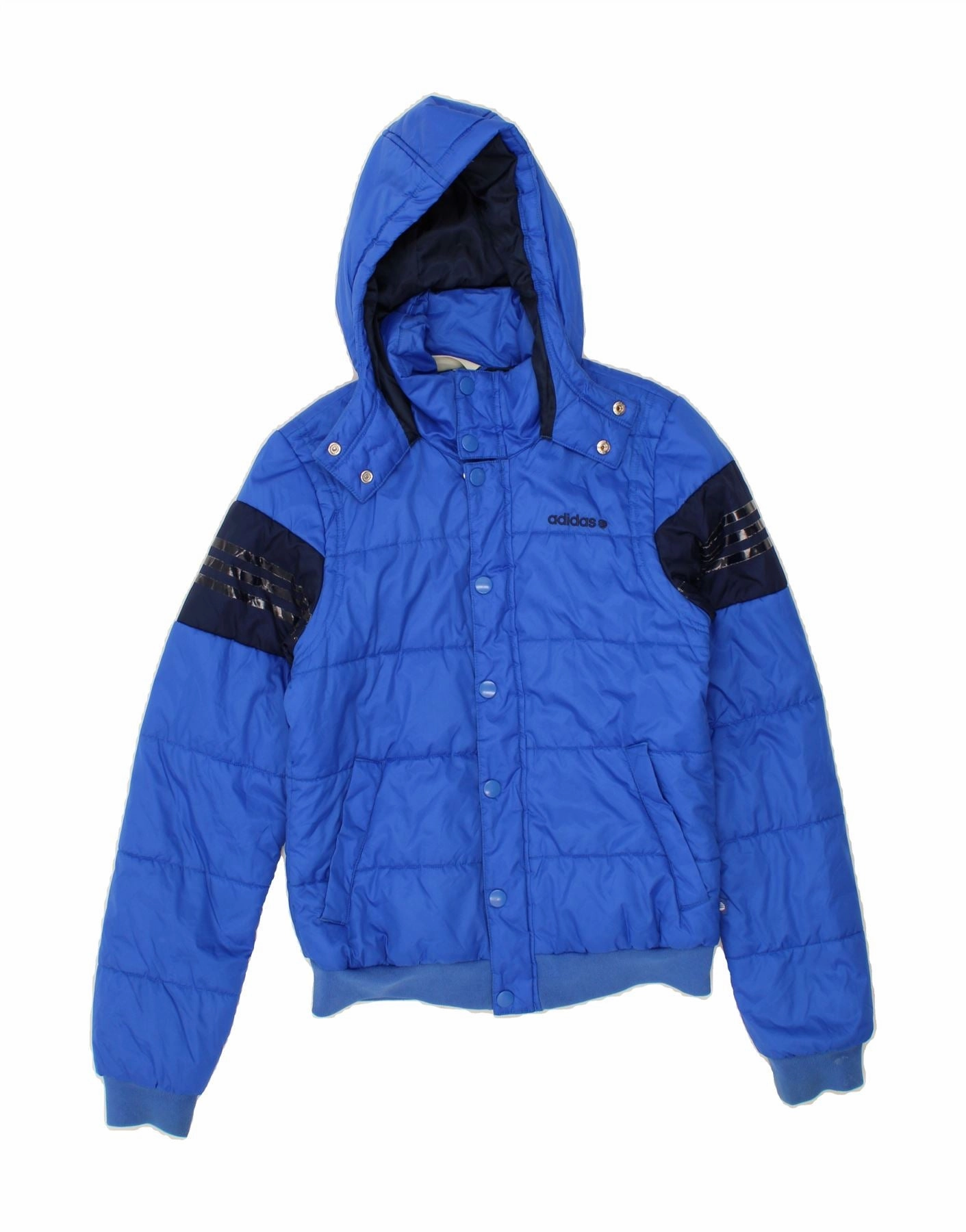 ADIDAS Boys Hooded Padded Jacket 14-15 Years XS Blue Colourblock Nylon Morning Layer Disseminate