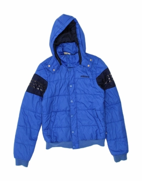 ADIDAS Boys Hooded Padded Jacket 14-15 Years XS Blue Colourblock Nylon Morning Layer Disseminate