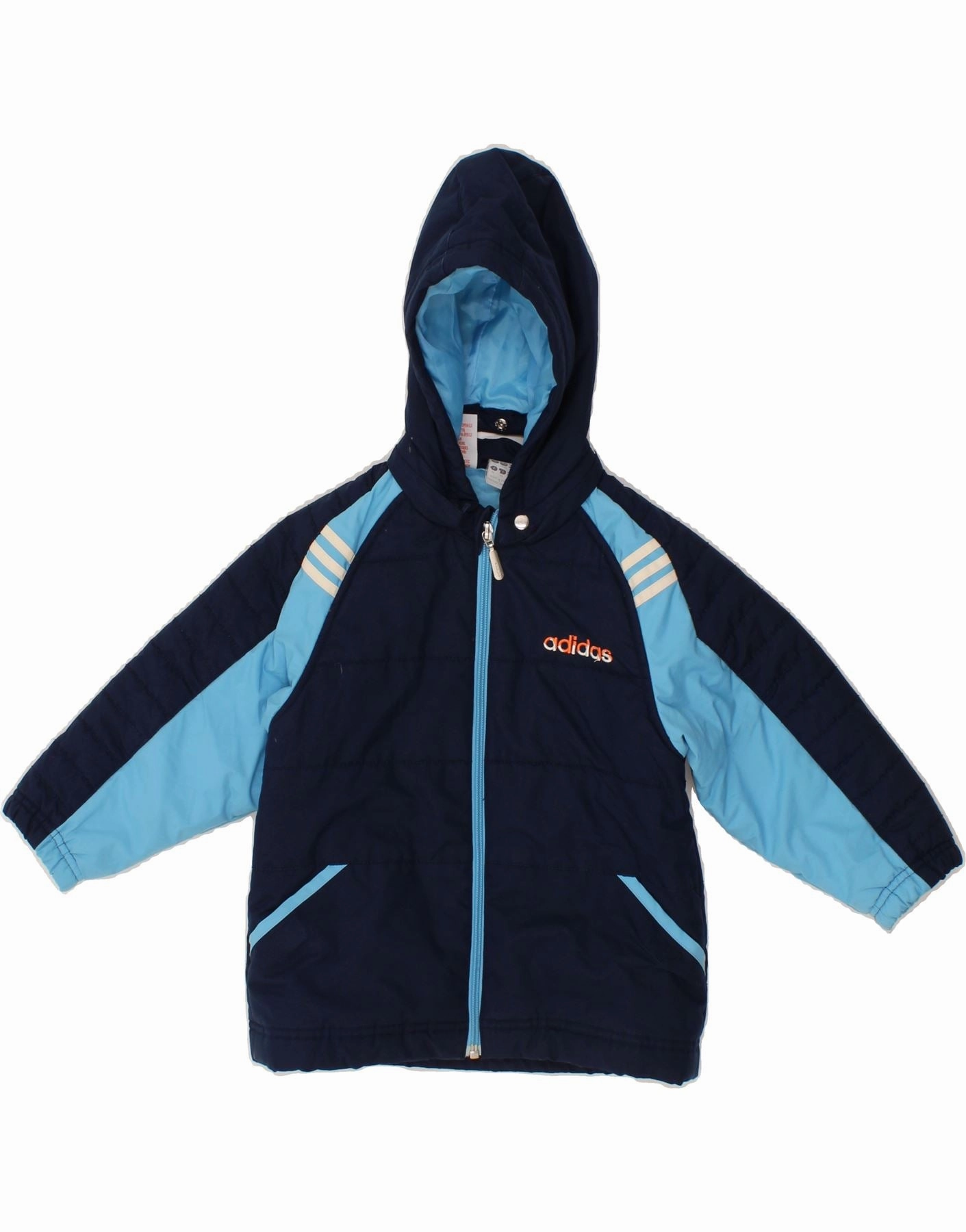 ADIDAS Boys Hooded Padded Jacket 2-3 Years Navy Blue Colourblock Polyester Reflective accents