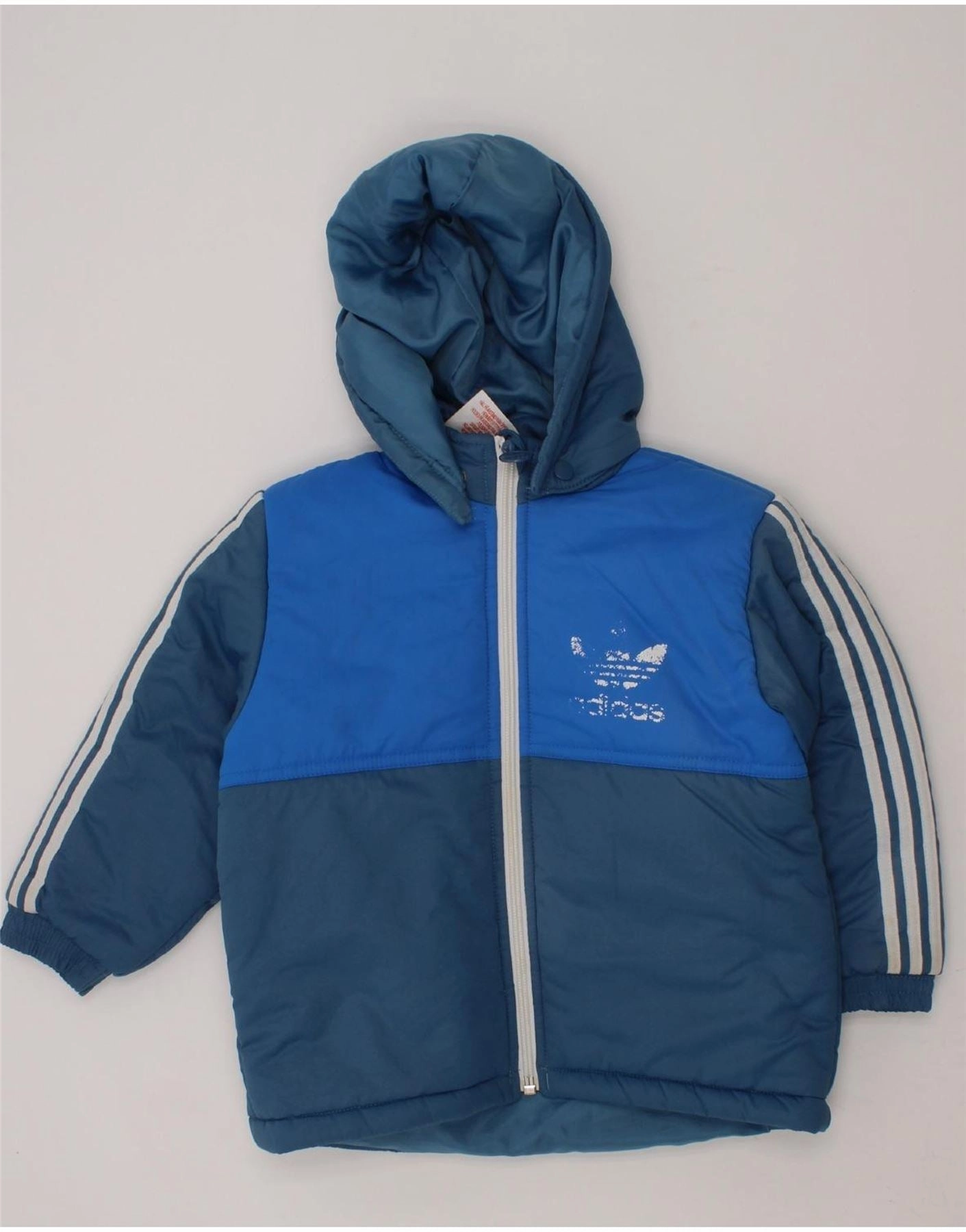 ADIDAS Boys Hooded Padded Jacket 3-4 Years Blue Colourblock Polyester Finance Discuss