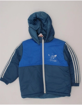 ADIDAS Boys Hooded Padded Jacket 3-4 Years Blue Colourblock Polyester Finance Discuss