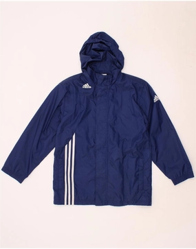 ADIDAS Boys Hooded Rain Jacket 11-12 Years Navy Blue Nylon Tactile Response Fabric