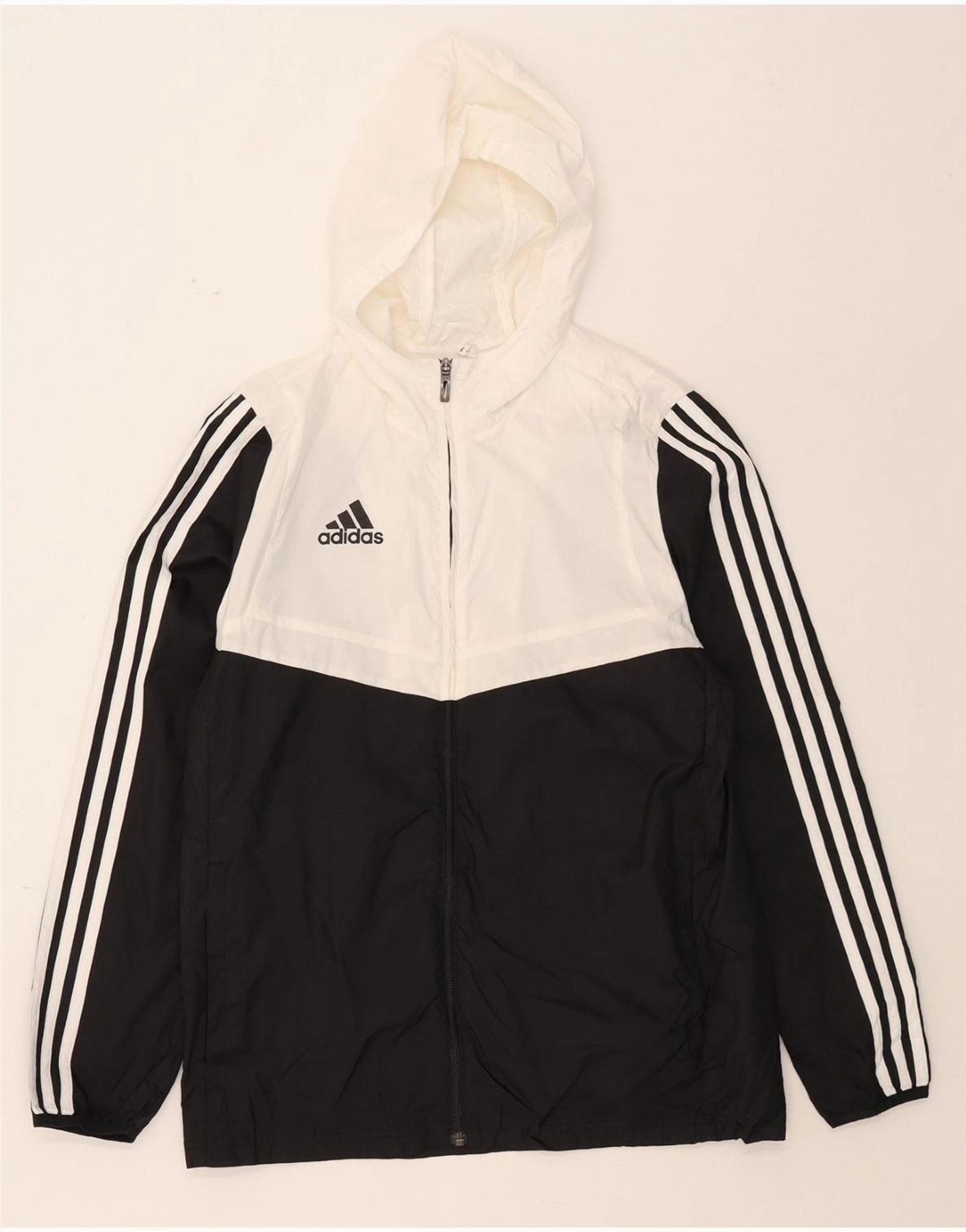ADIDAS Boys Hooded Rain Jacket 13-14 Years Black Colourblock Polyester Potential Sleek Finish