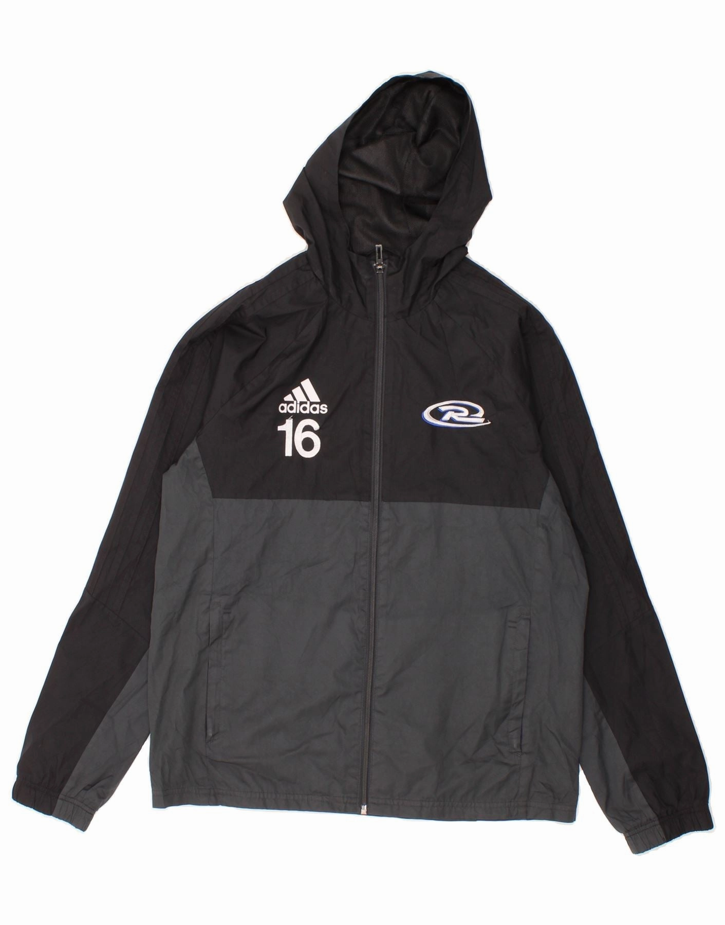 ADIDAS Boys Hooded Rain Jacket 13-14 Years Grey Colourblock Polyester Heavyweight