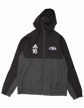ADIDAS Boys Hooded Rain Jacket 13-14 Years Grey Colourblock Polyester Heavyweight