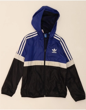 ADIDAS Boys Hooded Rain Jacket 9-10 Years Blue Colourblock Polyester Smart Layer Fashion Layer