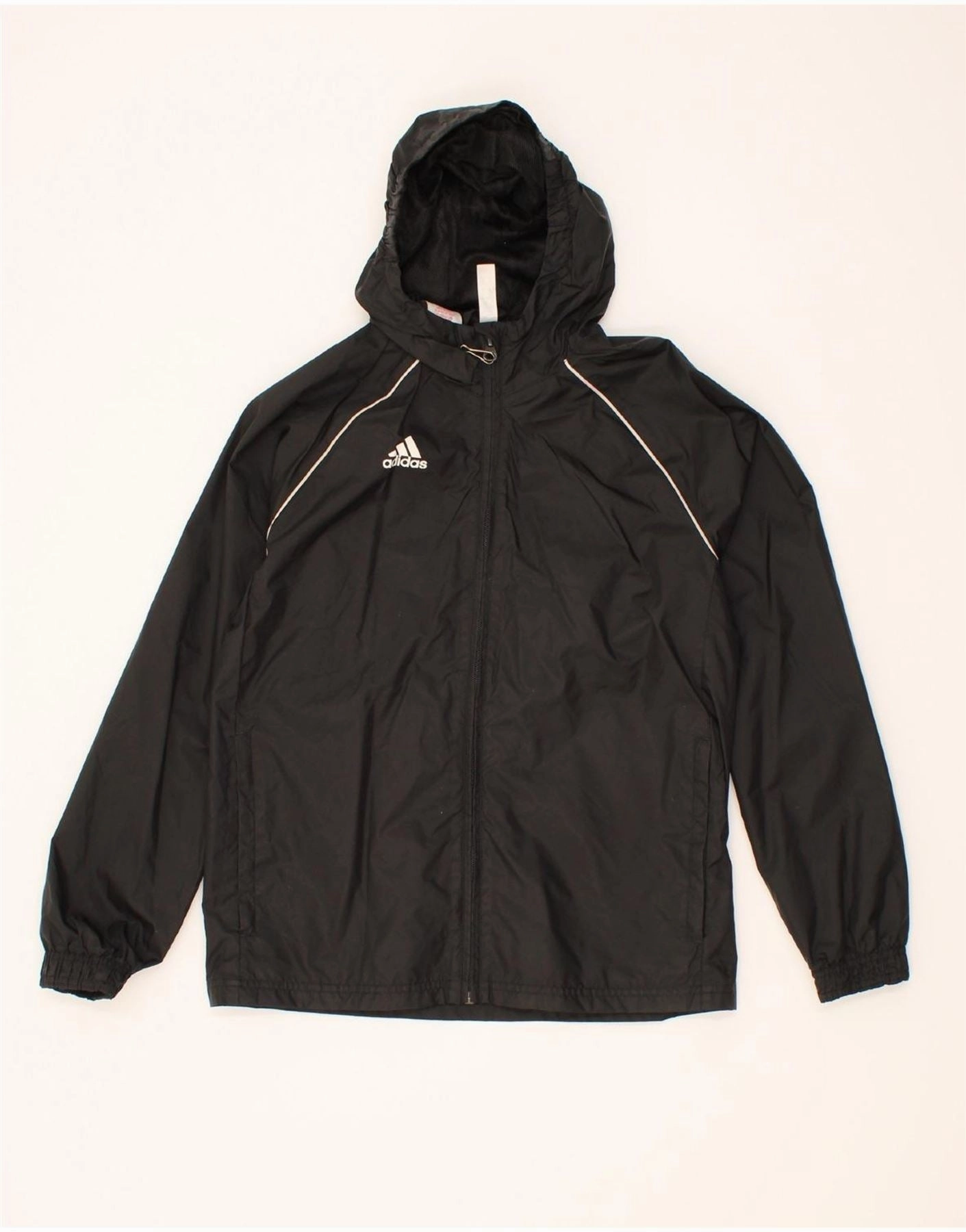 ADIDAS Boys Hooded Windbreaker Jacket 11-12 Years Black Polyamide Suspenders WaterResistantCoating