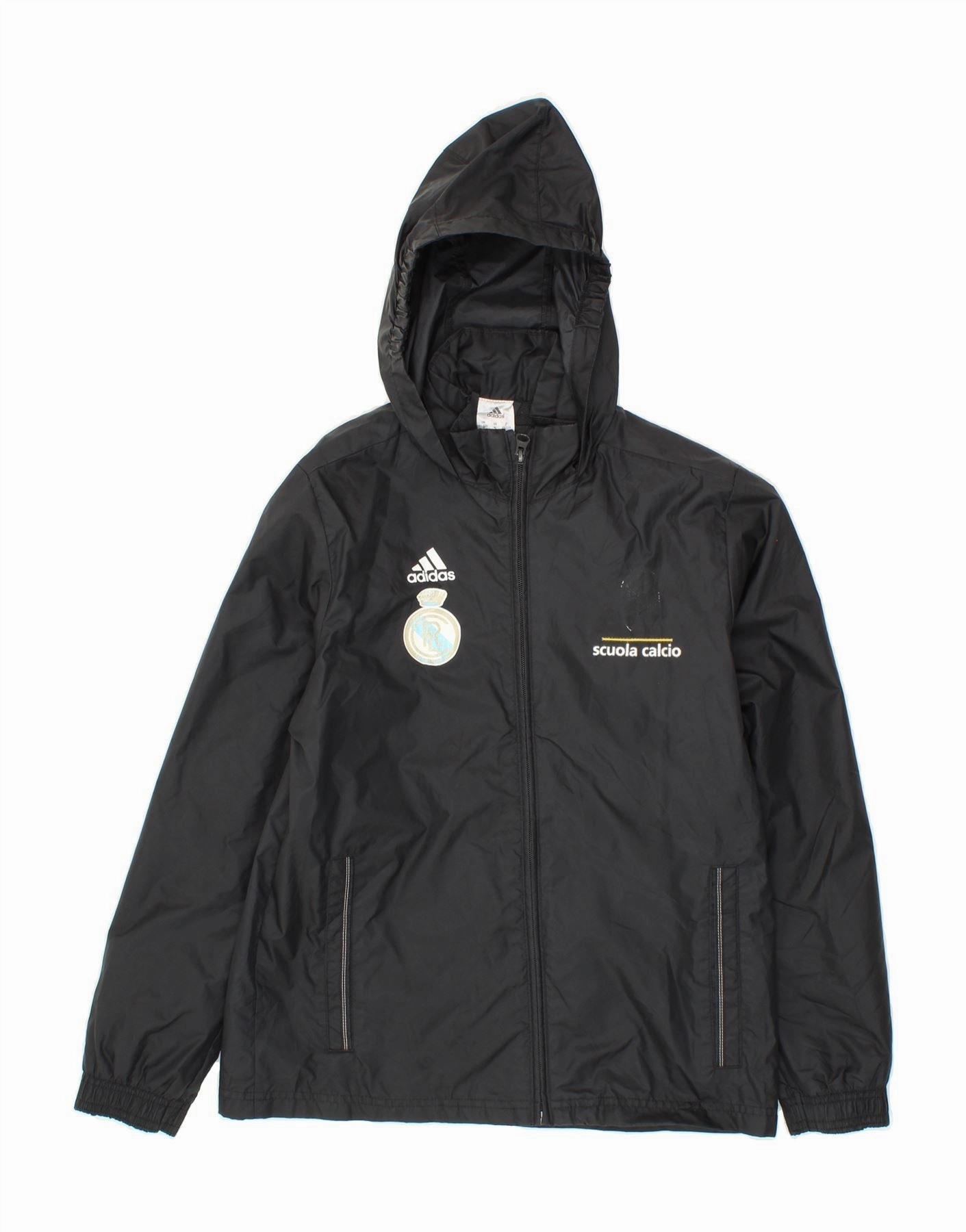 ADIDAS Boys Scuola Calcio Graphic Hooded Rain Jacket 11-12 Years Black Compact Fit Weather Fit