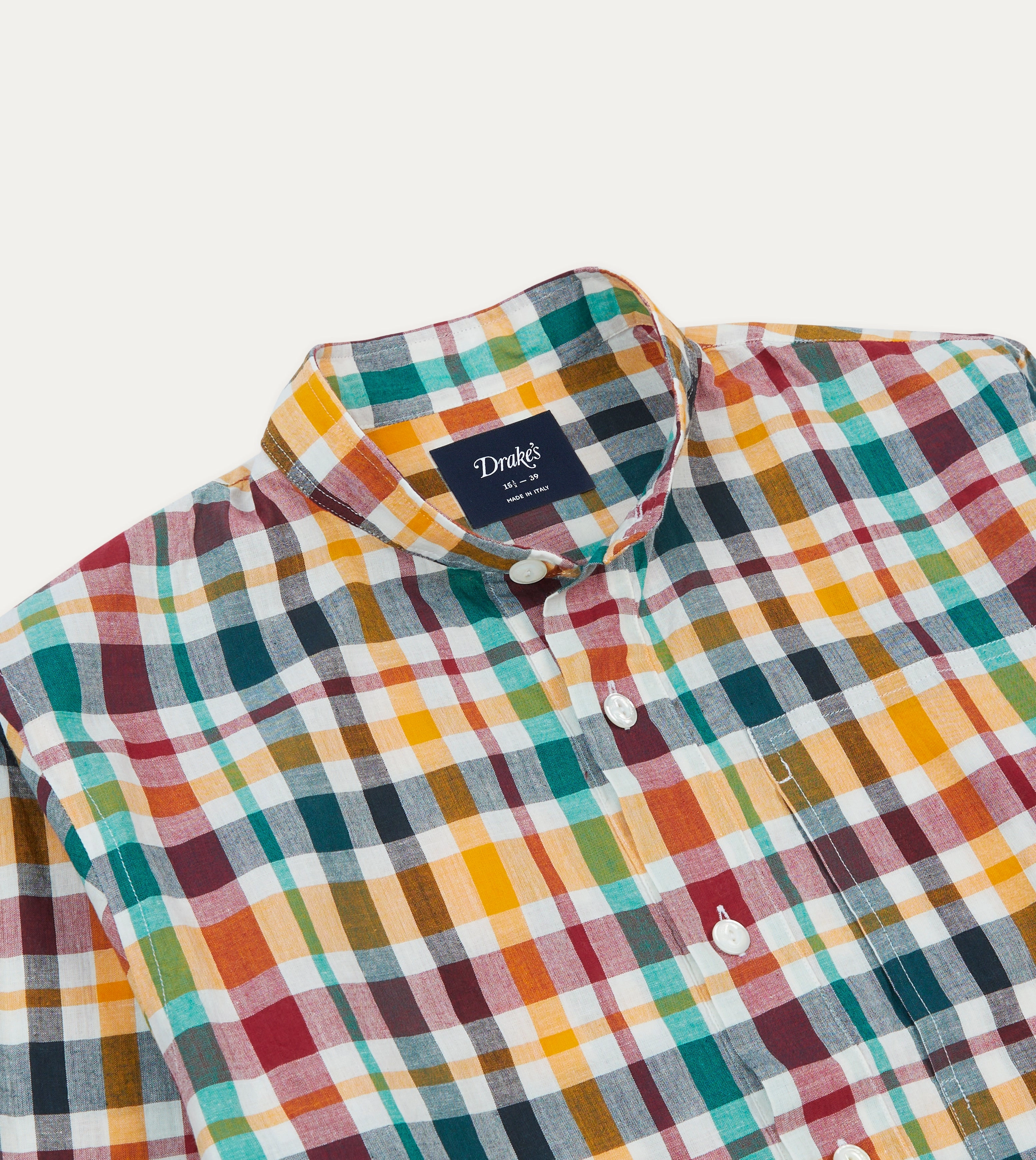 Red, Blue and Green Madras Check Cotton Mandarin Collar Popover Shirt Limited Edition Eye-Catching Pattern