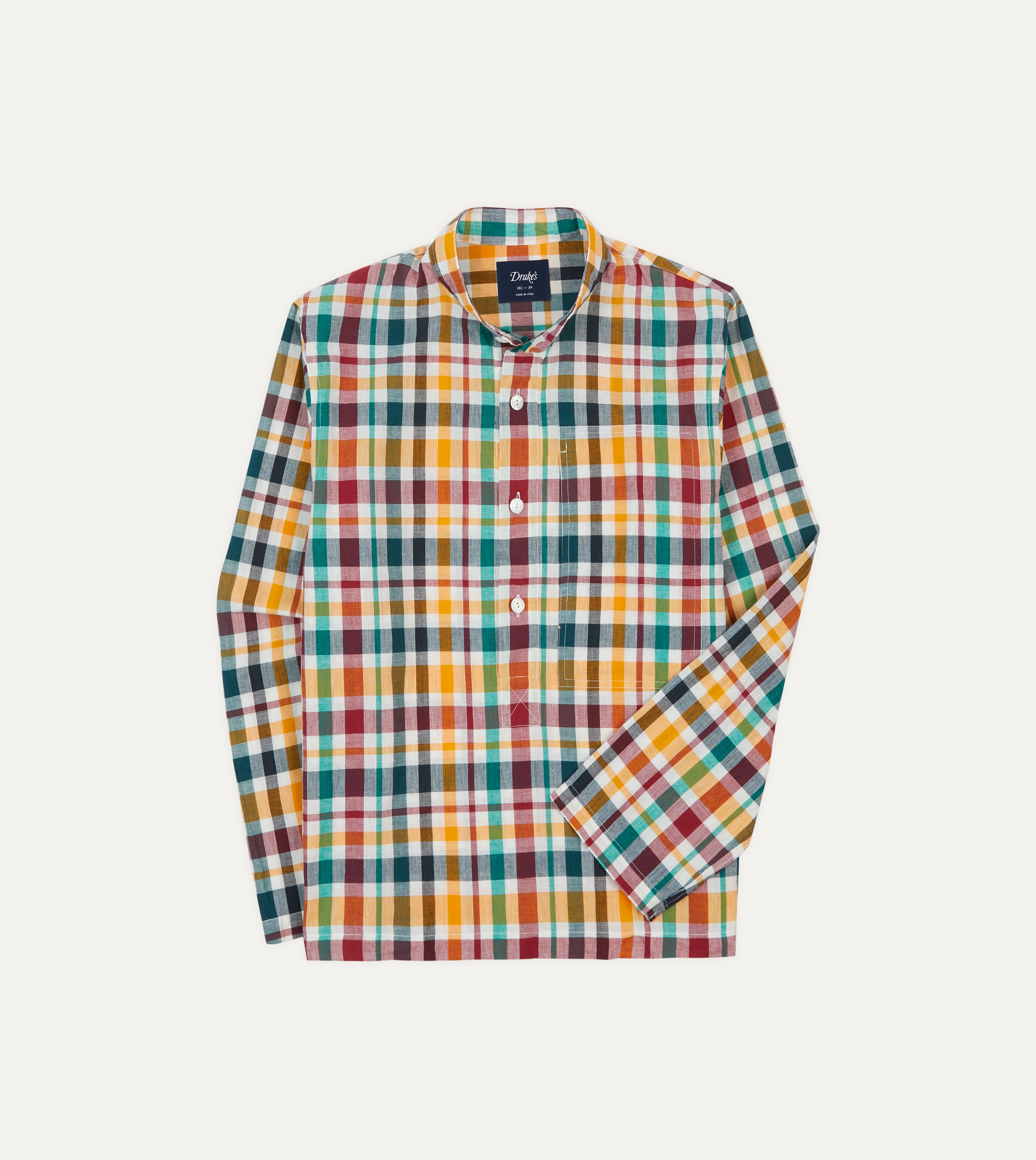 Red, Blue and Green Madras Check Cotton Mandarin Collar Popover Shirt Wrinkle-Resistant