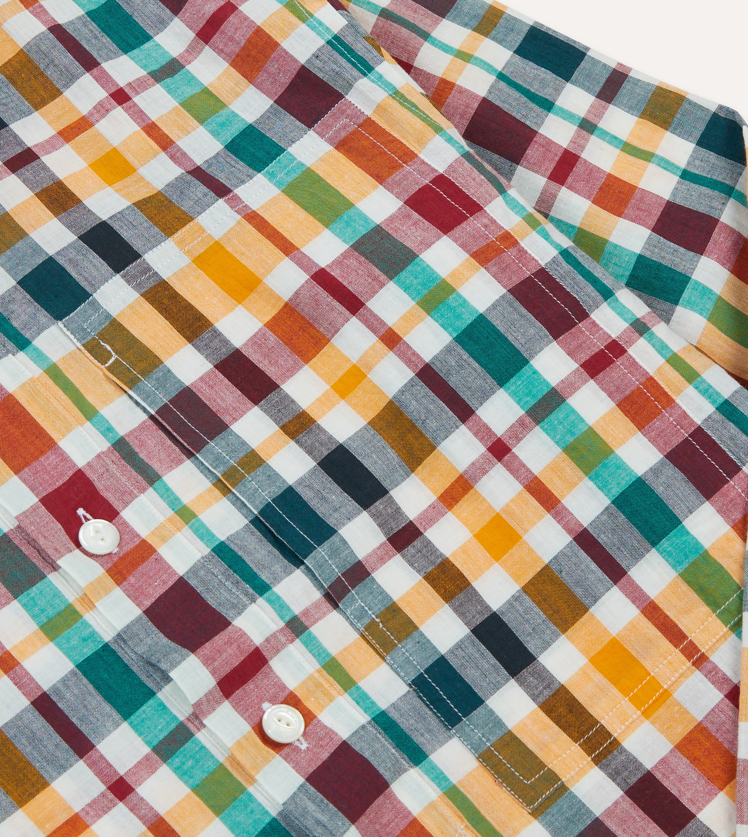 Non Irritating Seams Red, Blue and Green Madras Check Cotton Mandarin Collar Popover Shirt