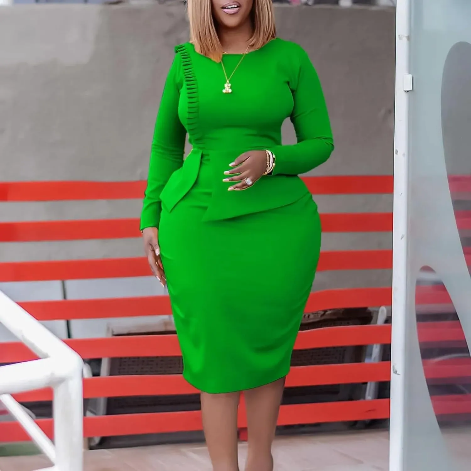 African Dresses for Women Summer Elegant Long Sleeve O-Neck Evening Party High Waist Office Bodycon Dress