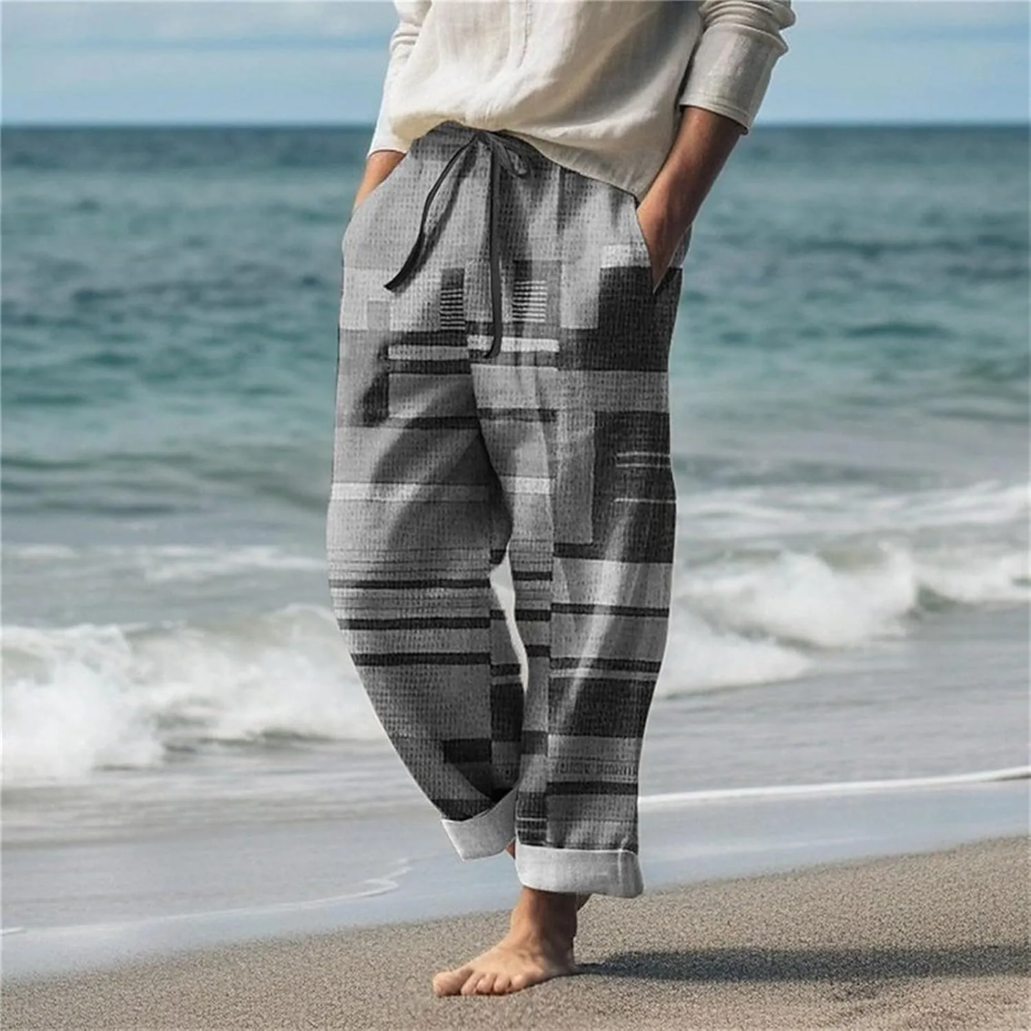 aihihe Men's Summer Linen Pants Elastic Waist Lightweight Casual Pants Loose Fit Pocketed Beach Trousers Big and Tall Slacks