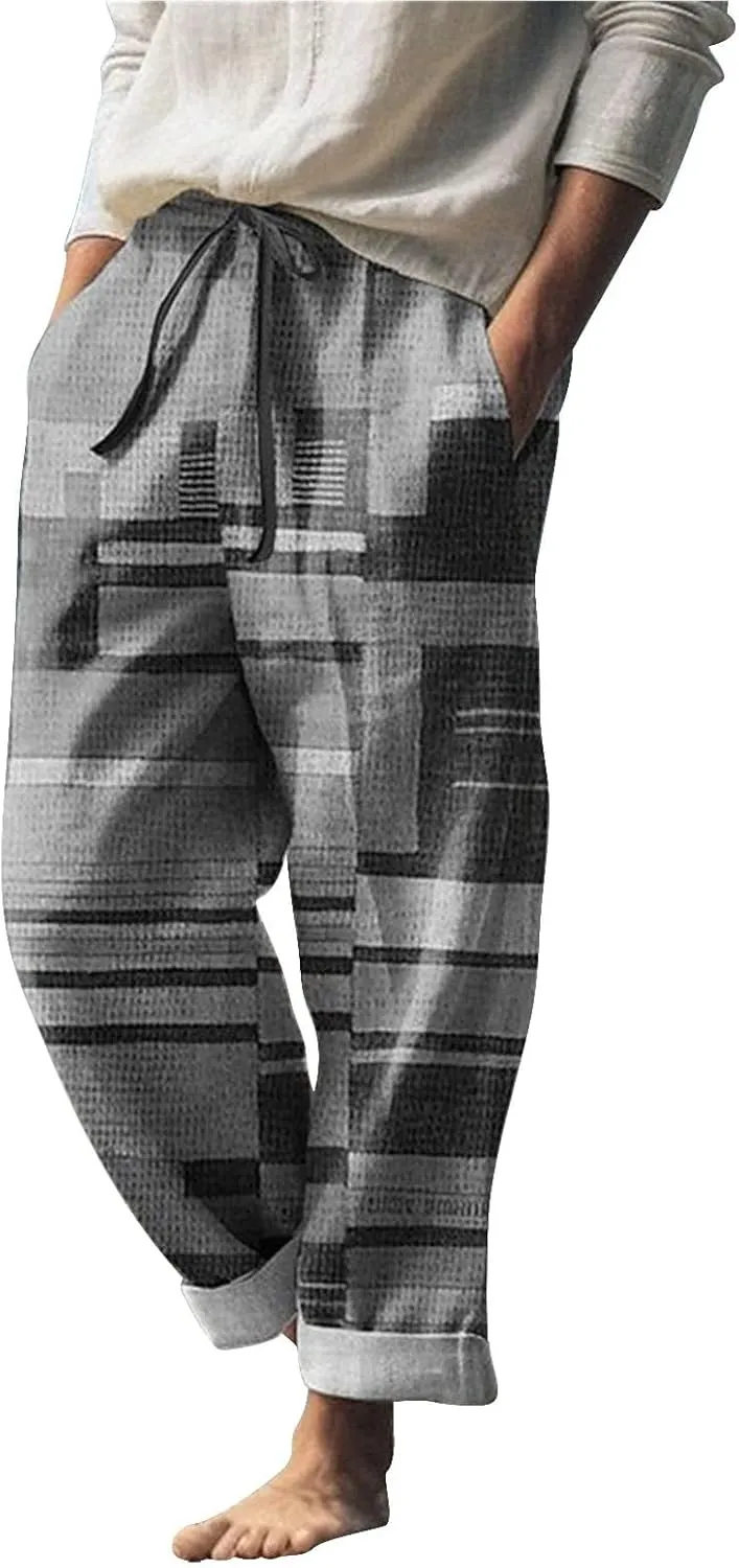 aihihe Men's Summer Linen Pants Elastic Waist Lightweight Casual Pants Loose Fit Pocketed Beach Trousers Big and Tall Slacks