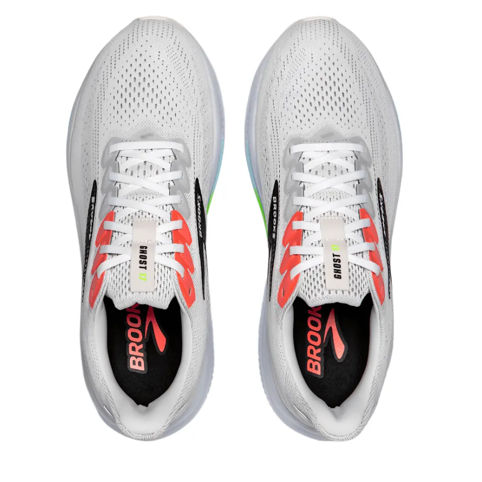 10K shoes Contoured Footbed Tech Brooks Men's Ghost 17 Running Shoes in White/Pink Clay/Gecko AW25