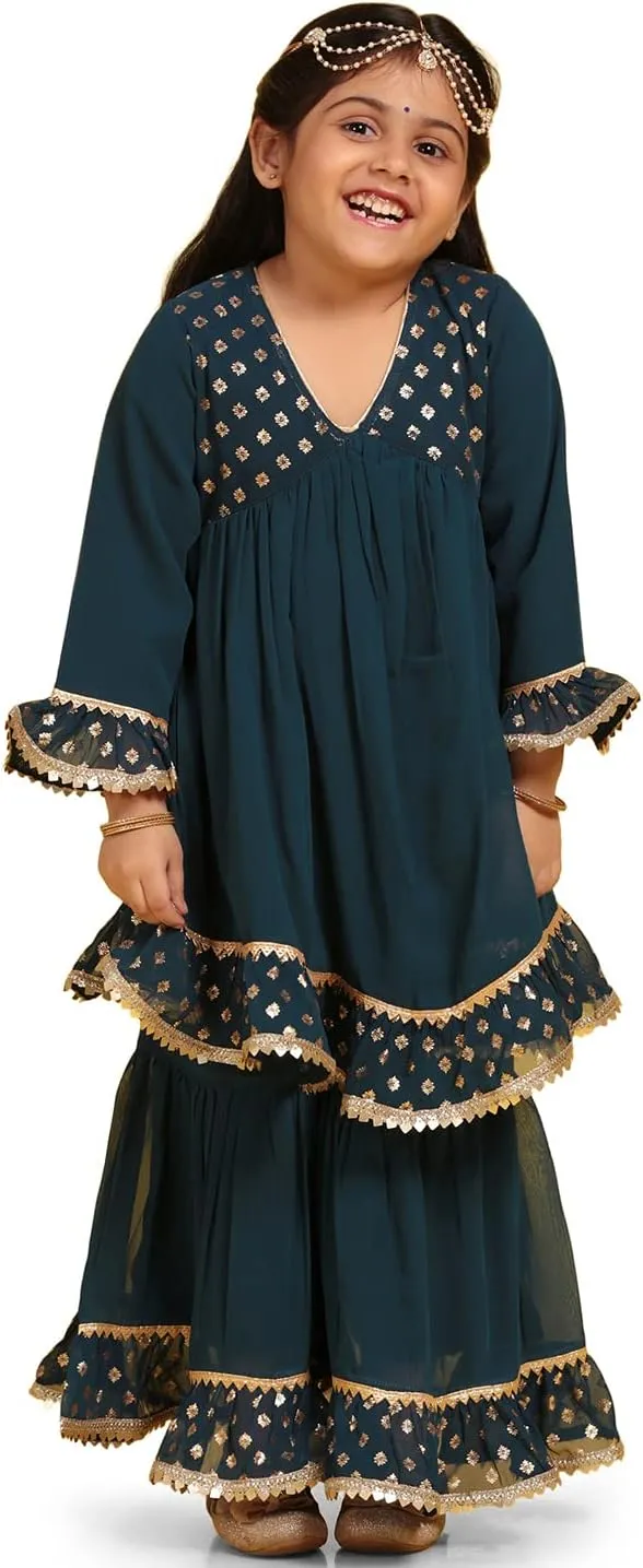 AJ DEZINES Kids Georgette Anarkali Kurta Sharara Set for Girls - Indian Ethnic Party Wear |Printed Pattern