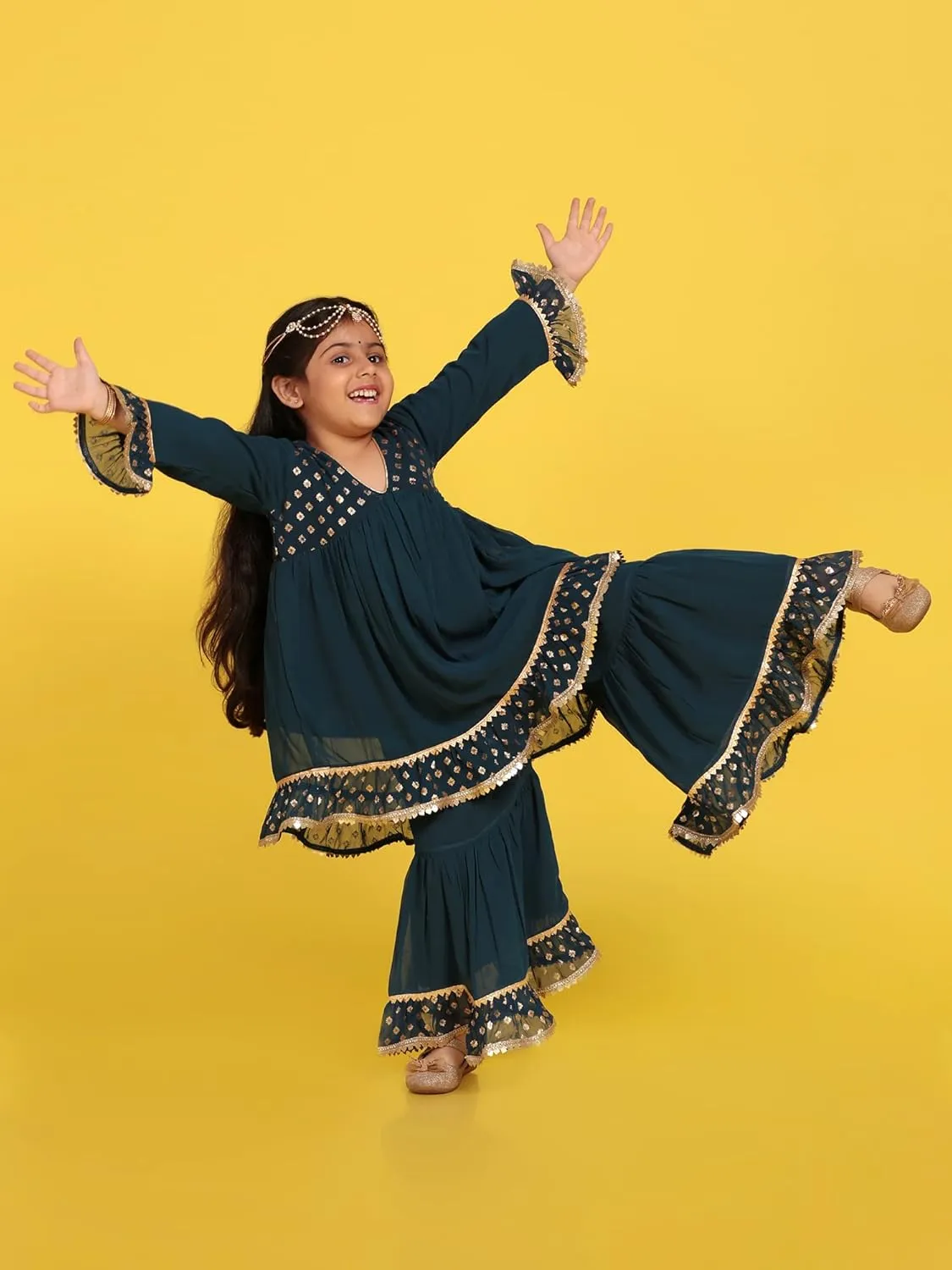 AJ DEZINES Kids Georgette Anarkali Kurta Sharara Set for Girls - Indian Ethnic Party Wear |Printed Pattern