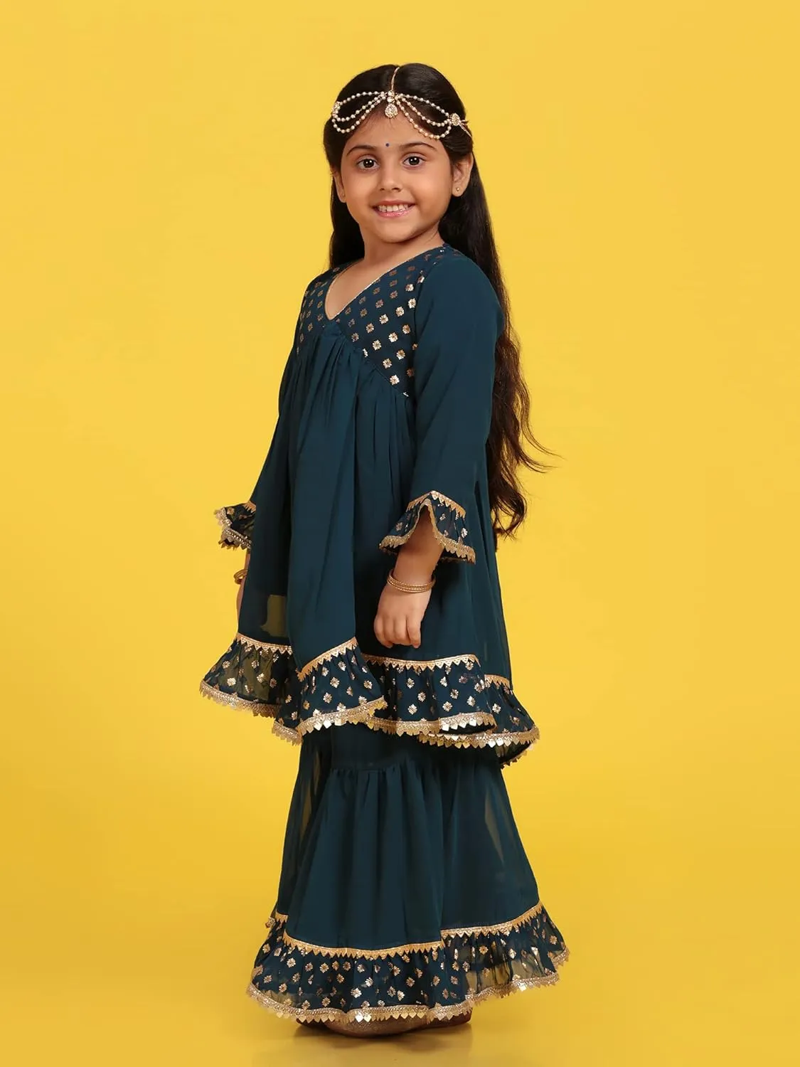 AJ DEZINES Kids Georgette Anarkali Kurta Sharara Set for Girls - Indian Ethnic Party Wear |Printed Pattern