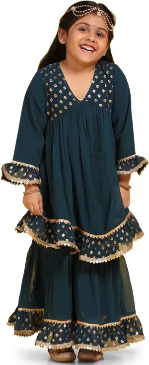AJ DEZINES Kids Georgette Anarkali Kurta Sharara Set for Girls - Indian Ethnic Party Wear |Printed Pattern