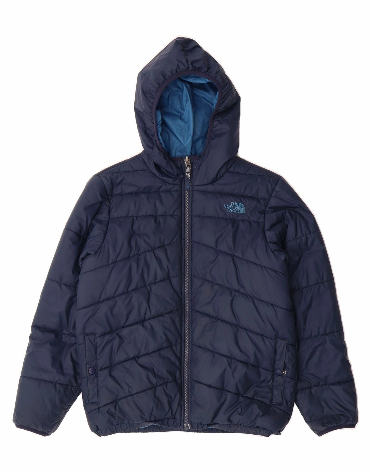 Everyday Jacket THE NORTH FACE Boys Hooded Padded Jacket 11-12 Years Large Navy Blue
