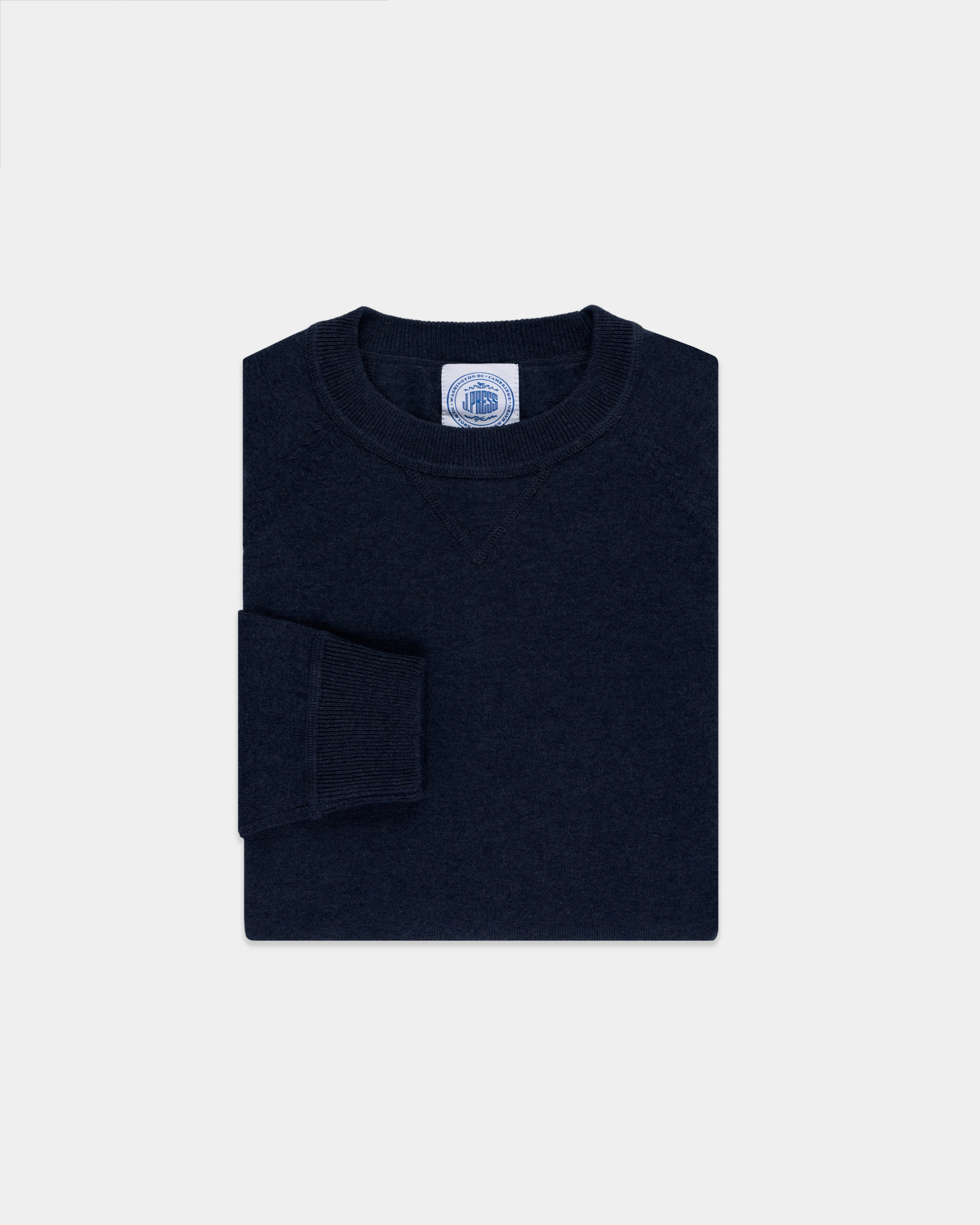 Cozy Knit Touch Navy Cotton/Wool Crewneck Sweatshirt - Trim Fit