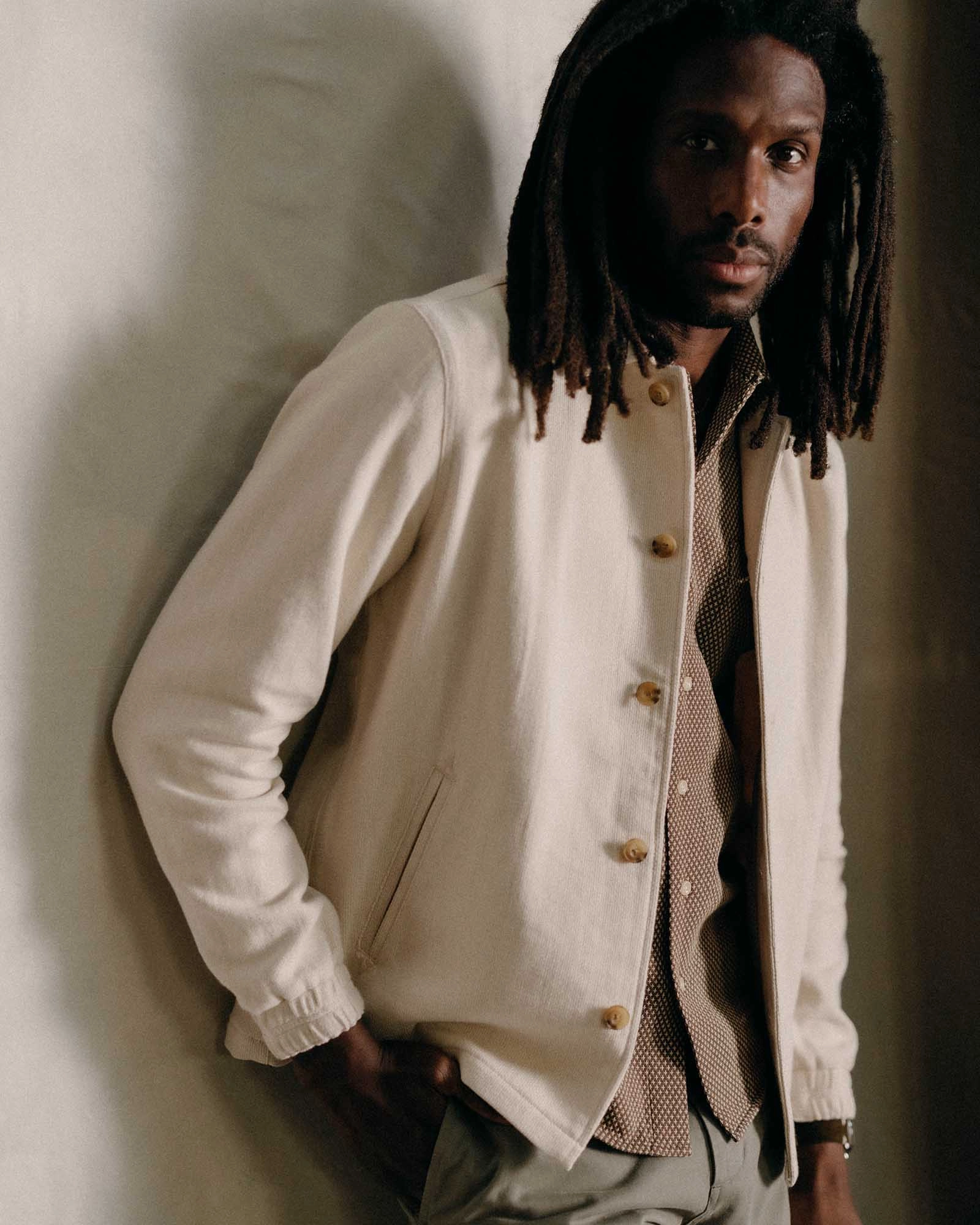 snowboarder High Collar Support The Crew Jacket in Seeded Natural Sashiko