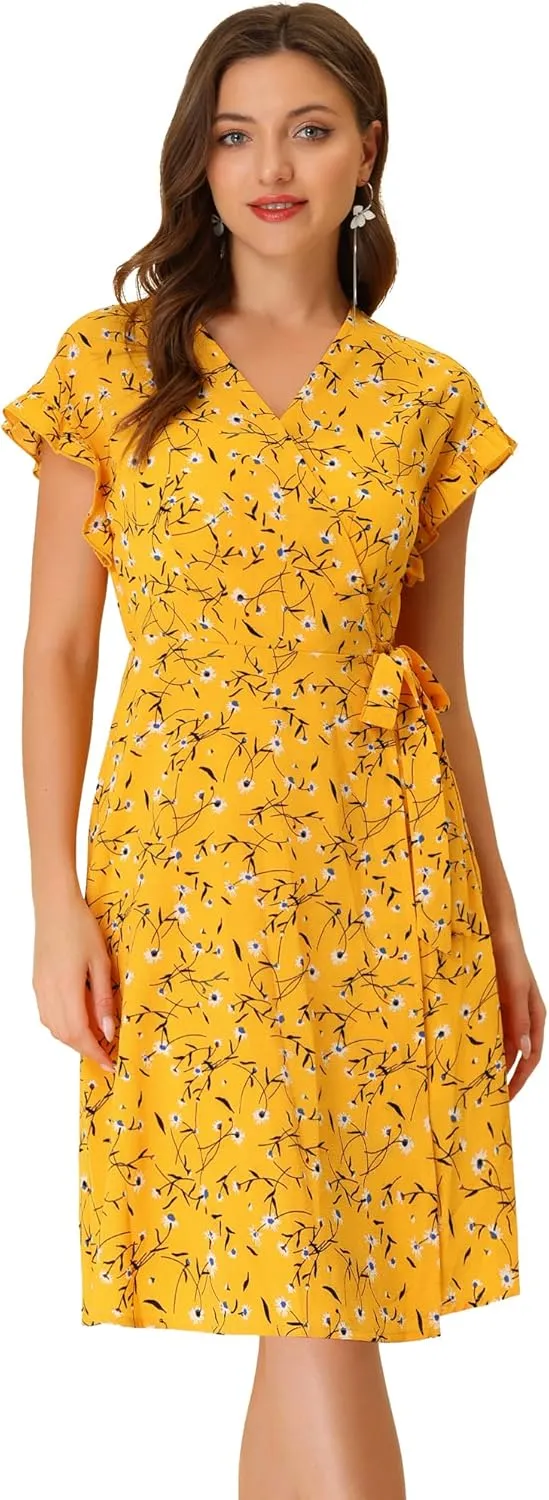 Allegra K Women's Ditsy Floral Print V Neck Ruffle Flutter Sleeve Belted Midi Wrap Dress