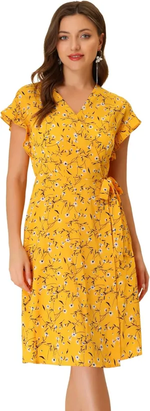 Allegra K Women's Ditsy Floral Print V Neck Ruffle Flutter Sleeve Belted Midi Wrap Dress