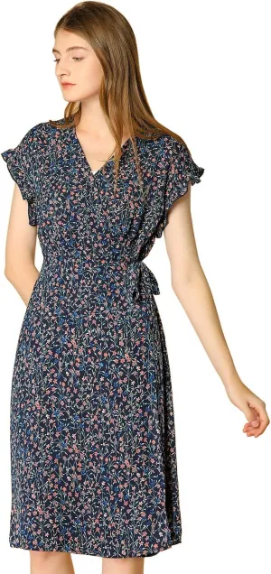 Allegra K Women's Ditsy Floral Print V Neck Ruffle Flutter Sleeve Belted Midi Wrap Dress