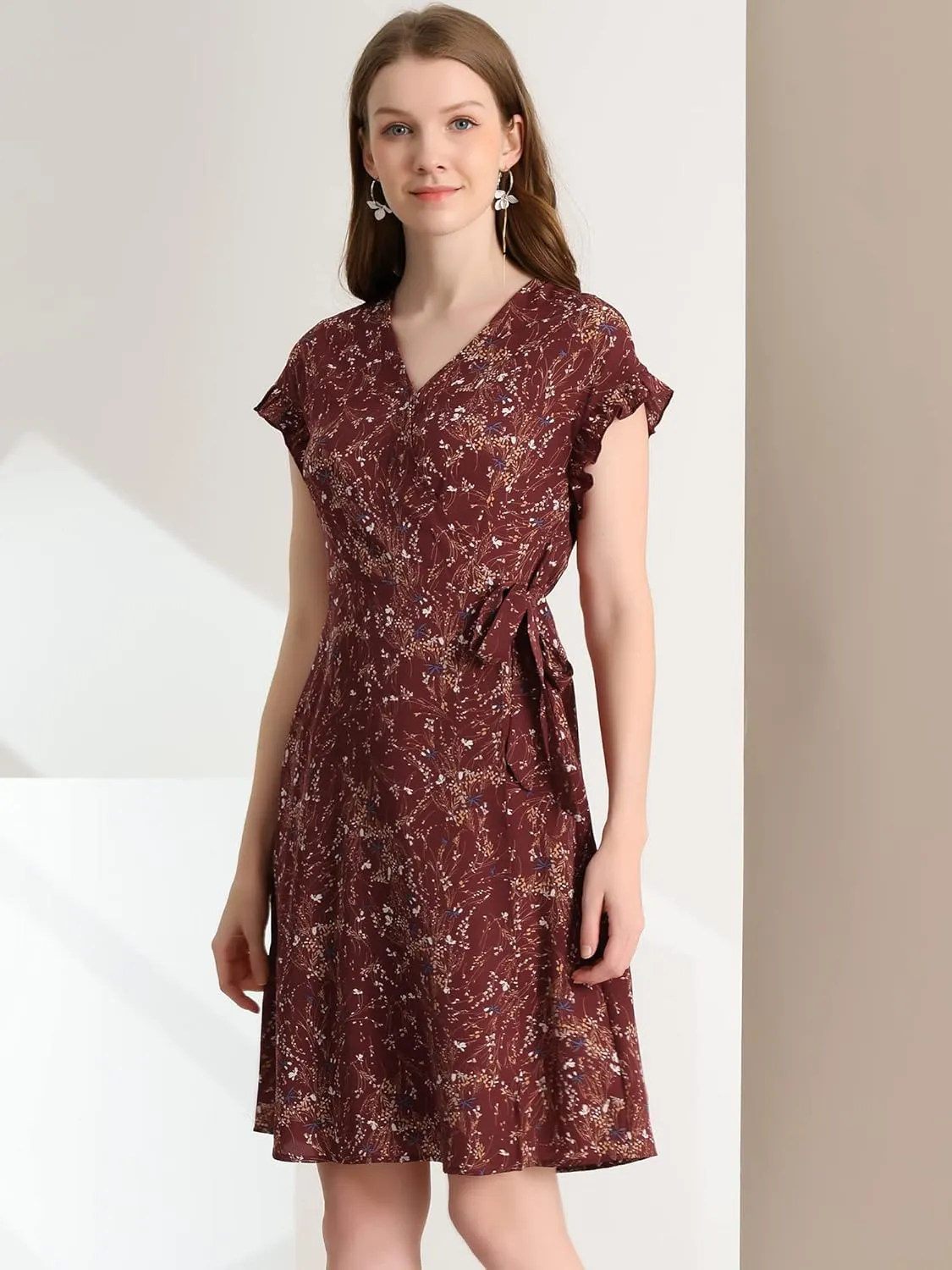 Allegra K Women's Ditsy Floral Print V Neck Ruffle Flutter Sleeve Belted Midi Wrap Dress
