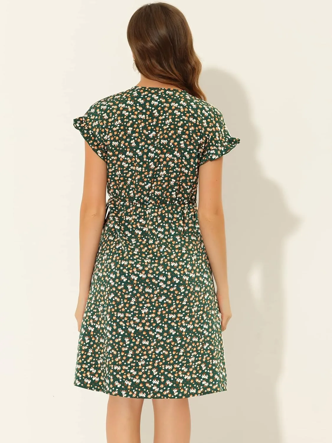 Allegra K Women's Ditsy Floral Print V Neck Ruffle Flutter Sleeve Belted Midi Wrap Dress