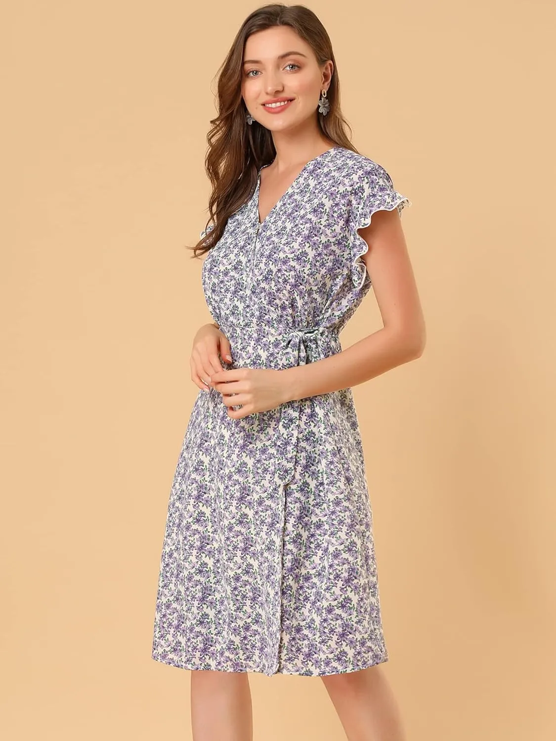 Allegra K Women's Ditsy Floral Print V Neck Ruffle Flutter Sleeve Belted Midi Wrap Dress