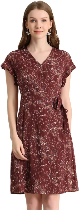 Allegra K Women's Ditsy Floral Print V Neck Ruffle Flutter Sleeve Belted Midi Wrap Dress