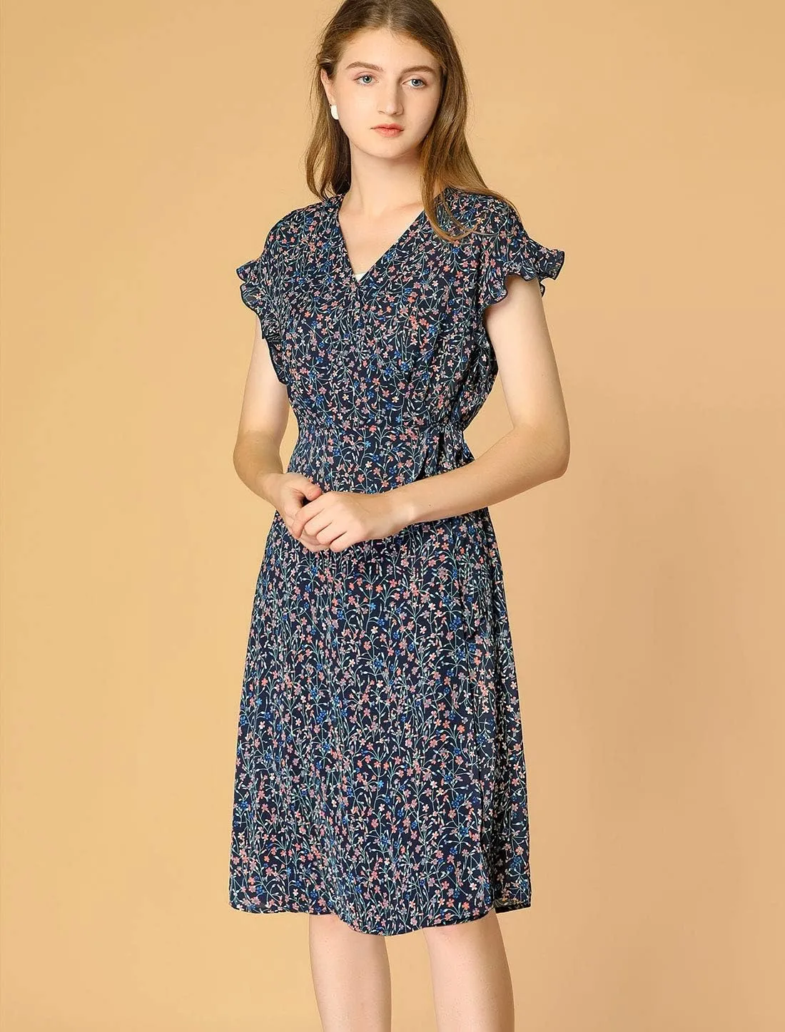 Allegra K Women's Ditsy Floral Print V Neck Ruffle Flutter Sleeve Belted Midi Wrap Dress